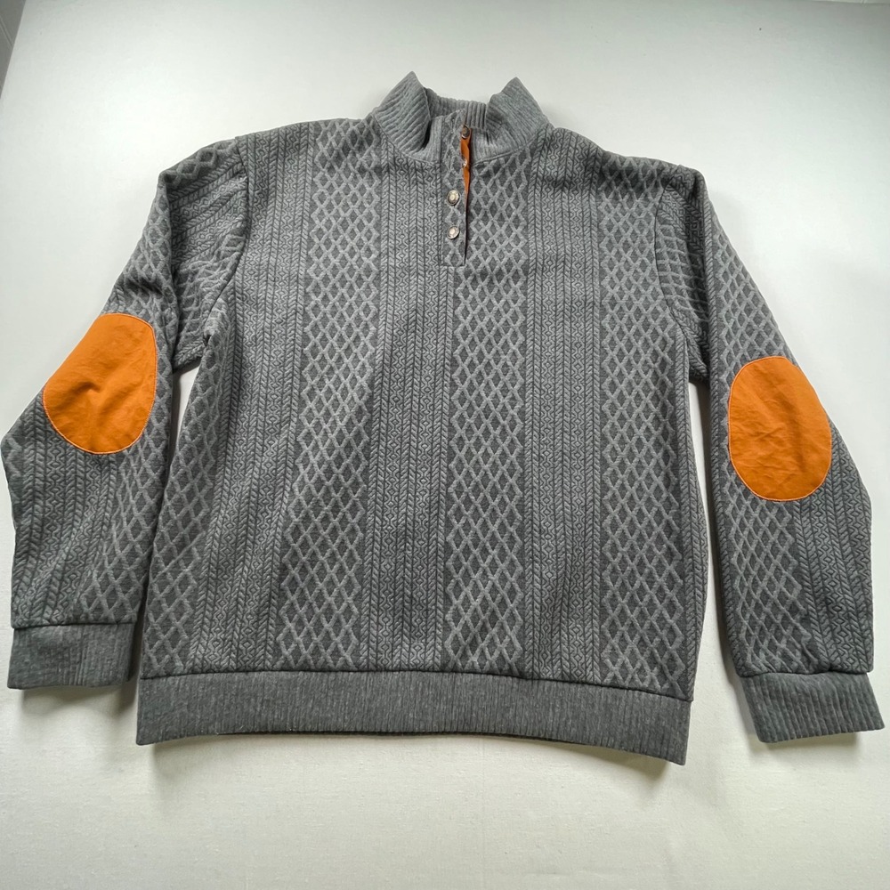 Cross & Crown Mens XL Grey Diamond Knit Pullover Orange Elbow Patches Mock Neck - Picture 5 of 5